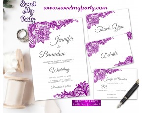 Purple Wedding Invitation suite set, Lace Wedding invitation suite,(115w)